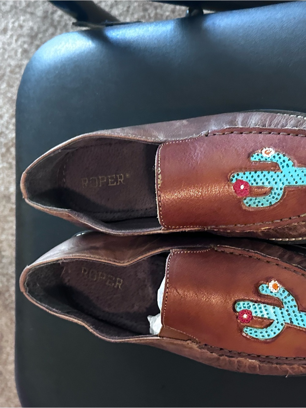Roper Brown Leather Loafers with Turquoise and Red Sequin Cactus